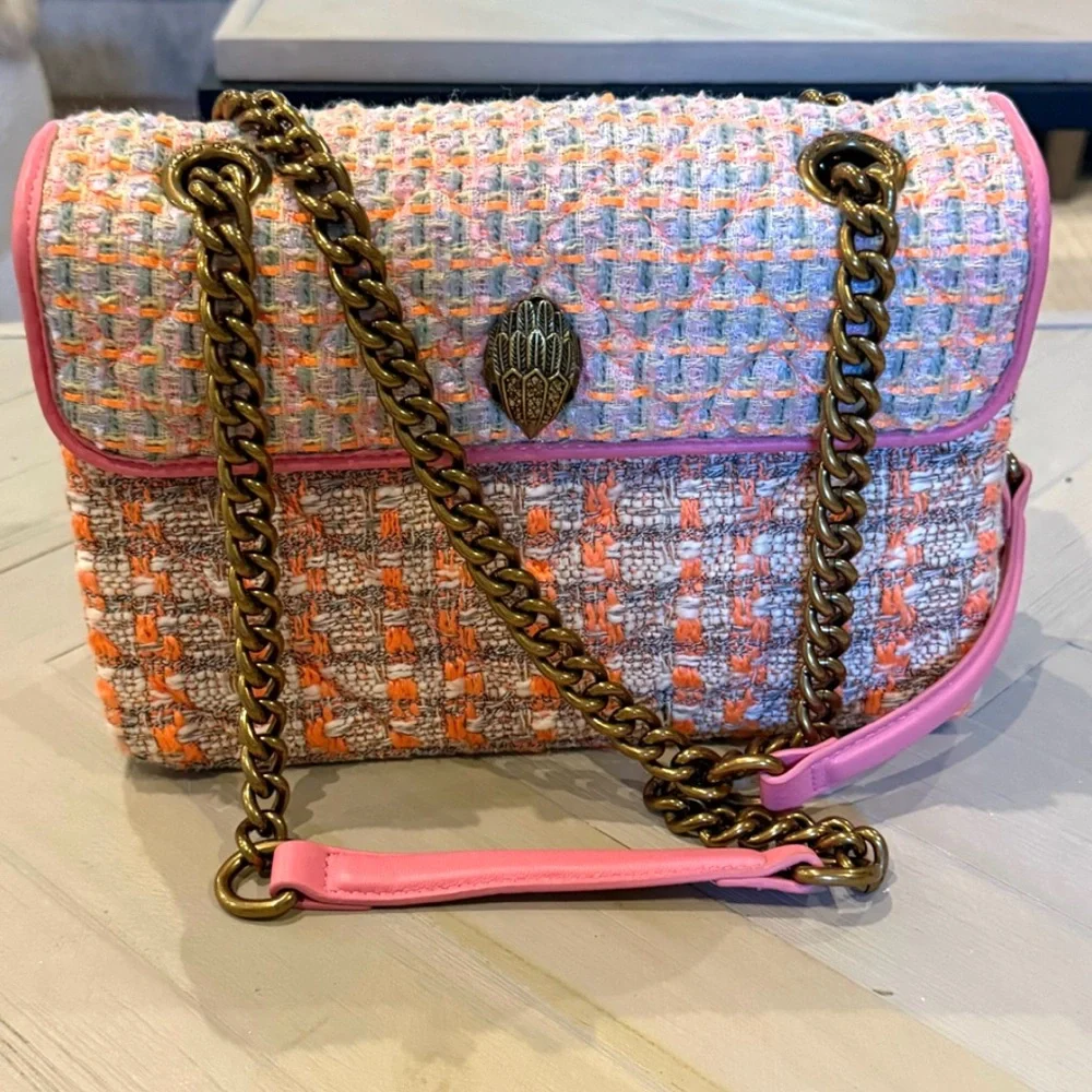 Kurt Geiger Kensington Colorful Tweed Shoulder Bag with Gold Chain Strap